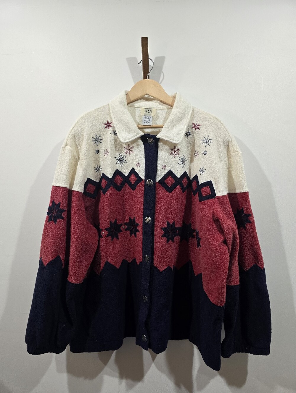 VTG Teddi Button Fleece Shacket Plus 1X Cream Red Navy Christmas Cottagecore 90s